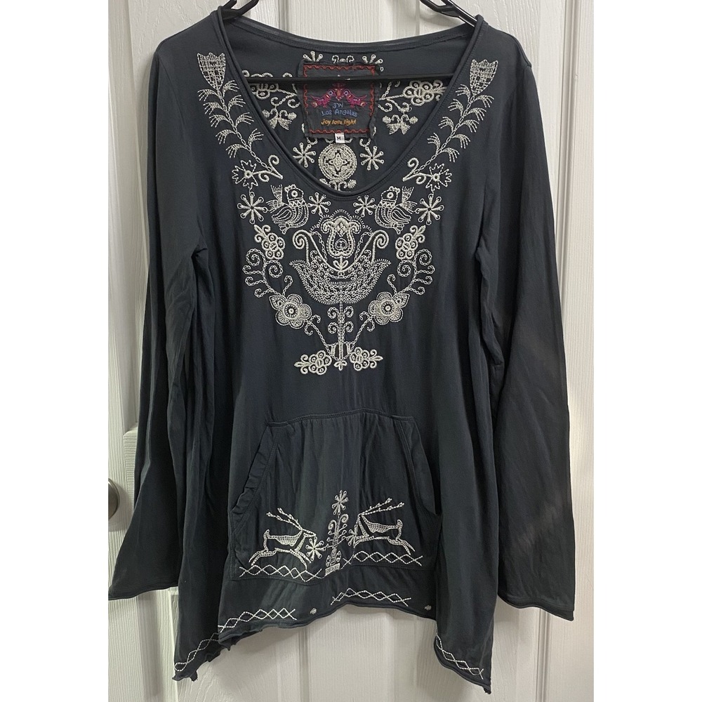 Johnny Was Women Embroidered Shirt Long sleeve Gray/White Shark Bite  Hem Top M